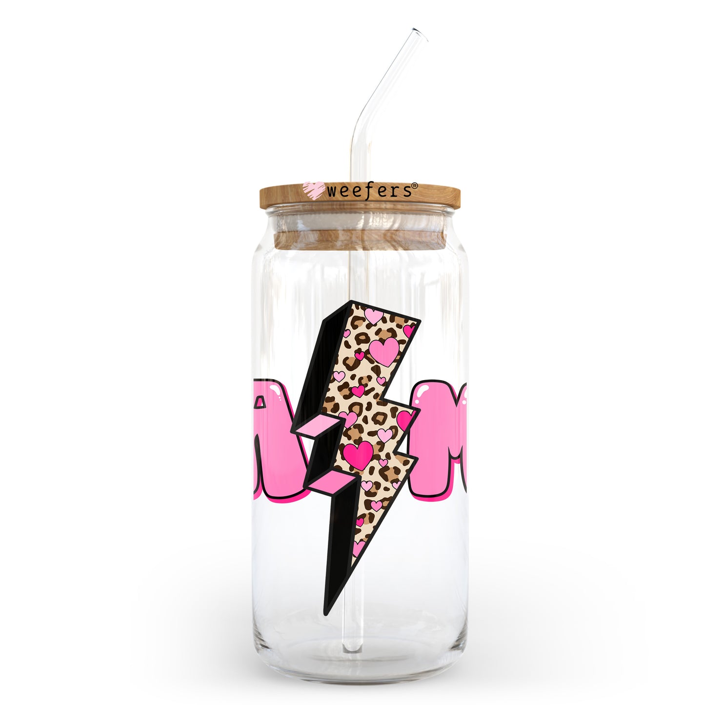 Mama Pink Leopard Lightening Bolt 20oz Libbey Glass Can UV DTF or Sublimation Wrap - Decal Transfer - Weefers