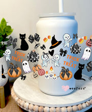 Load image into Gallery viewer, Halloween Cats Ghosts and Witches Oh My 16oz Libbey Glass Can UV DTF Decal Transfer - Weefers
