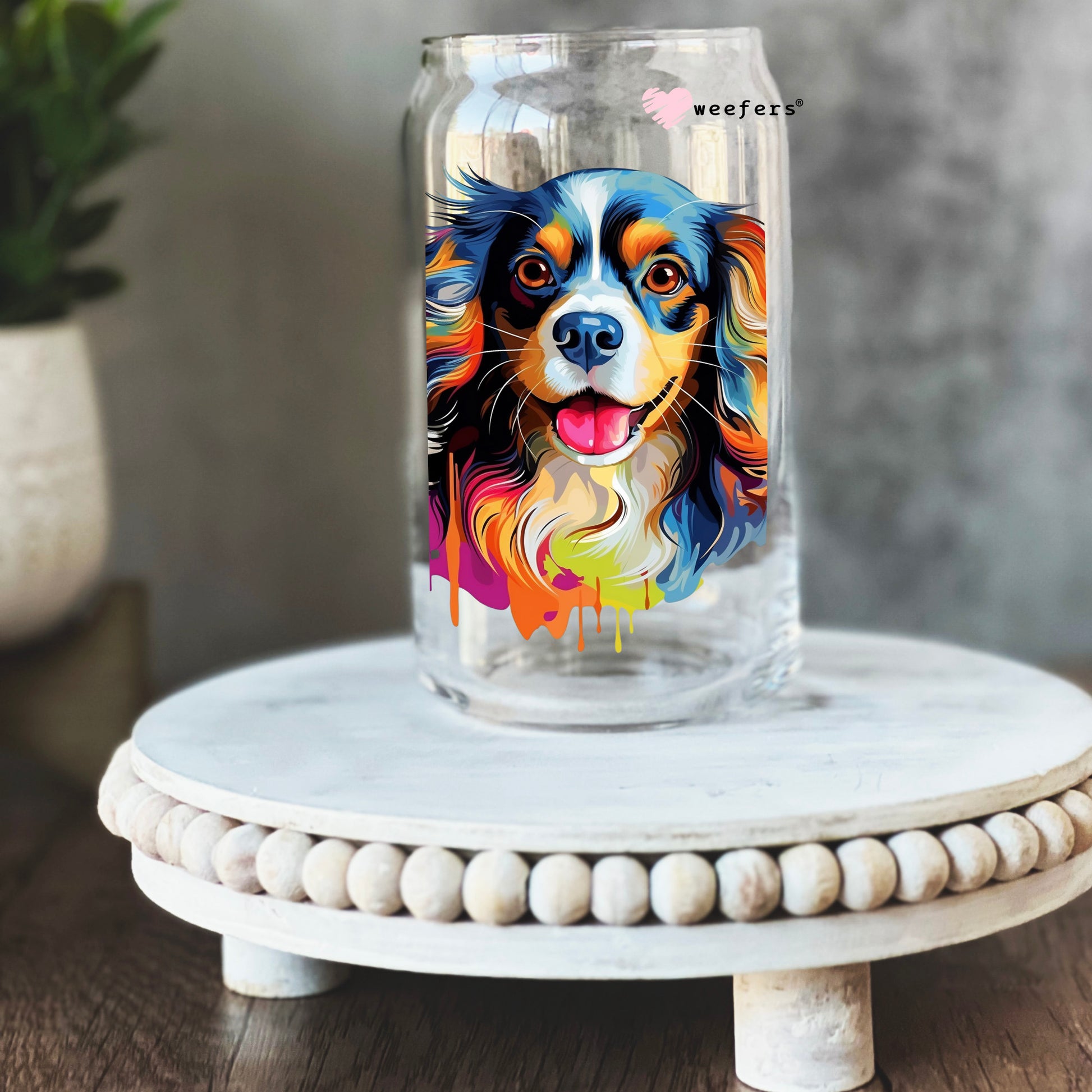 Cavalier King Charles Spaniel Colorful Watercolor 16oz Libbey Glass Can UV DTF or Sublimation Wrap - Decal - Weefers