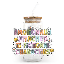 Load image into Gallery viewer, a jar with a straw in it that says emotionally attached to fictional characters
