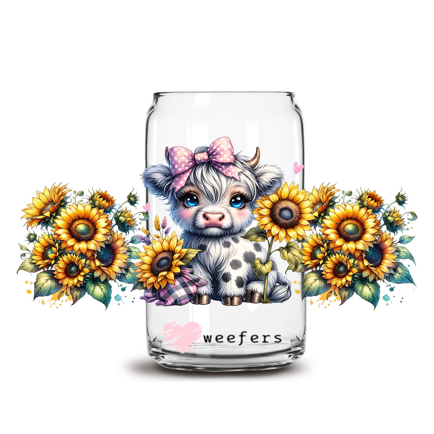 Sunflower Spotted Highlander Cow 16oz Libbey Glass Can UV DTF or Sublimation Wrap Transfer - Weefers