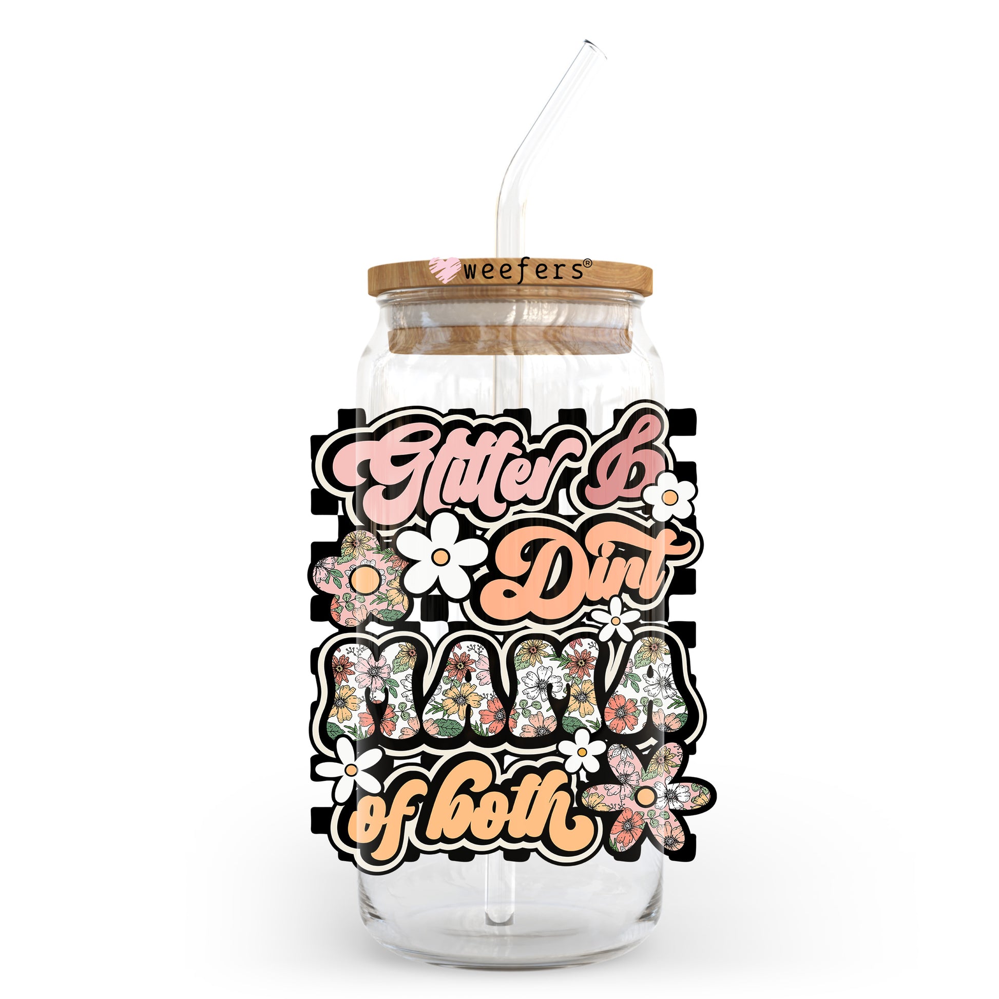 Glitter & Dirt Mama of Both Floral Checkered 20oz Libbey Glass Can UV DTF or Sublimation Wrap - Decal Transfer - Weefers