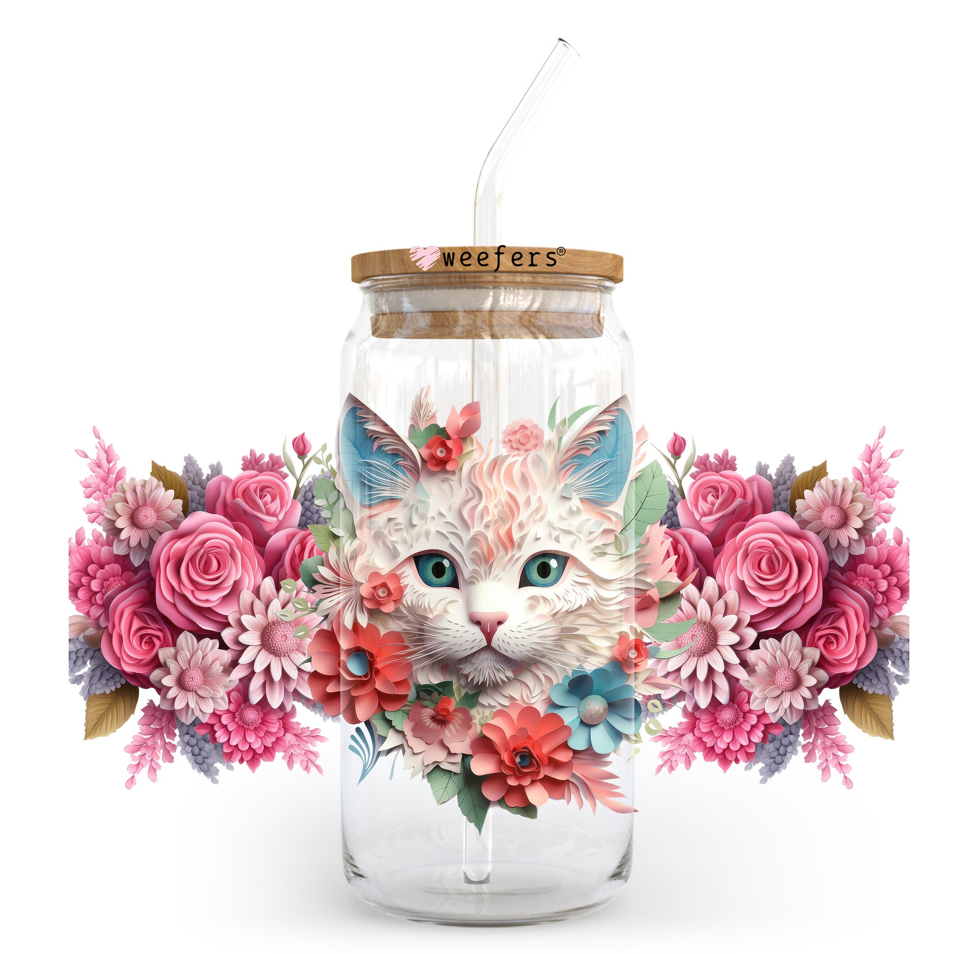 Floral Cat 20oz Libbey Glass Can, 34oz Hip Sip, 40oz Tumbler, 24oz Cold Cup UV DTF or Sublimation Decal Transfer - Weefers