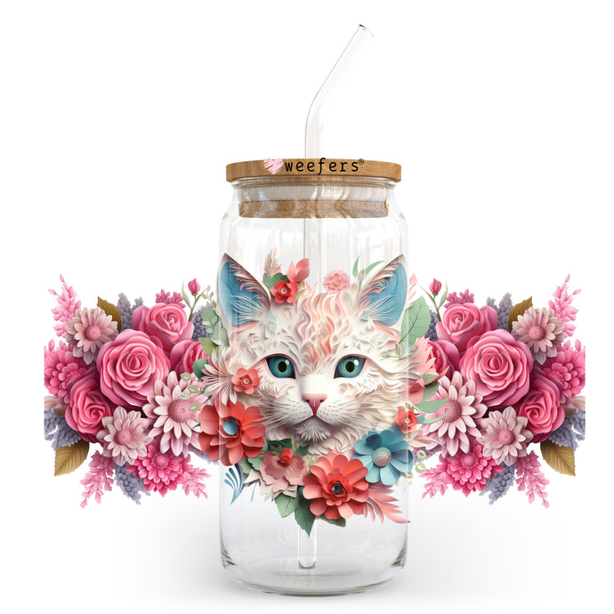 a glass jar with flowers and a cat in it