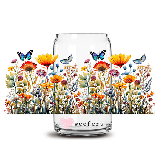 Wild Flower Butterflies 16oz Libbey Glass Can UV DTF or Sublimation Wrap - Transfer - Weefers