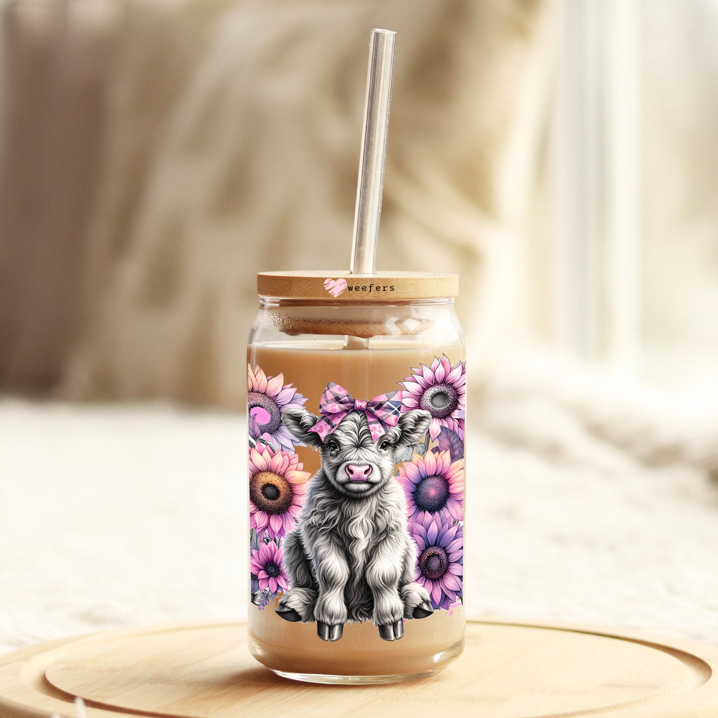 Pink Sunflower Spotted Highlander Cow 16oz Libbey Glass Can UV DTF or Sublimation Wrap Transfer - Weefers