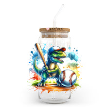 Load image into Gallery viewer, a glass jar with a dinosaur holding a baseball bat
