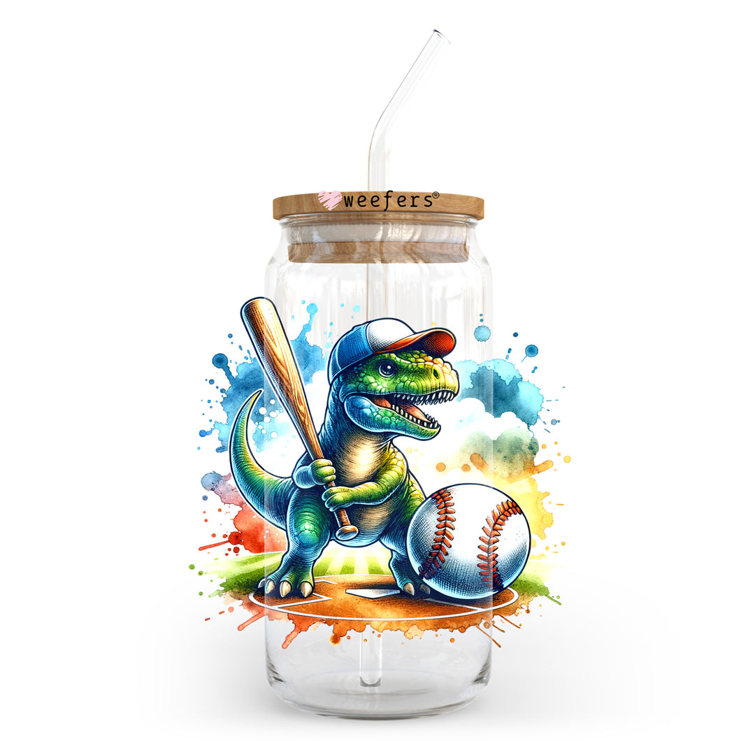 a glass jar with a dinosaur holding a baseball bat