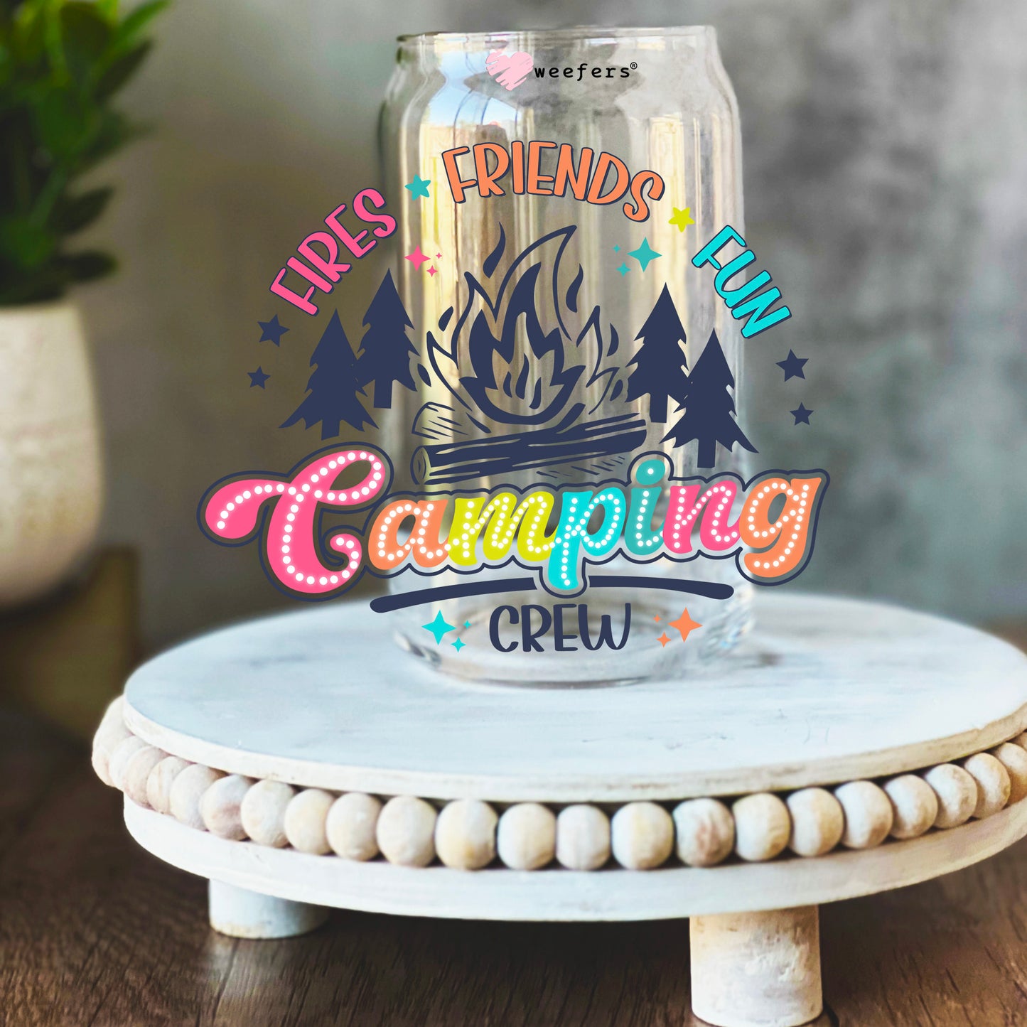 Fires Friends Fun Camping Crew 16oz Libbey Glass Can UV DTF or Sublimation Wrap Decal Transfer - Weefers