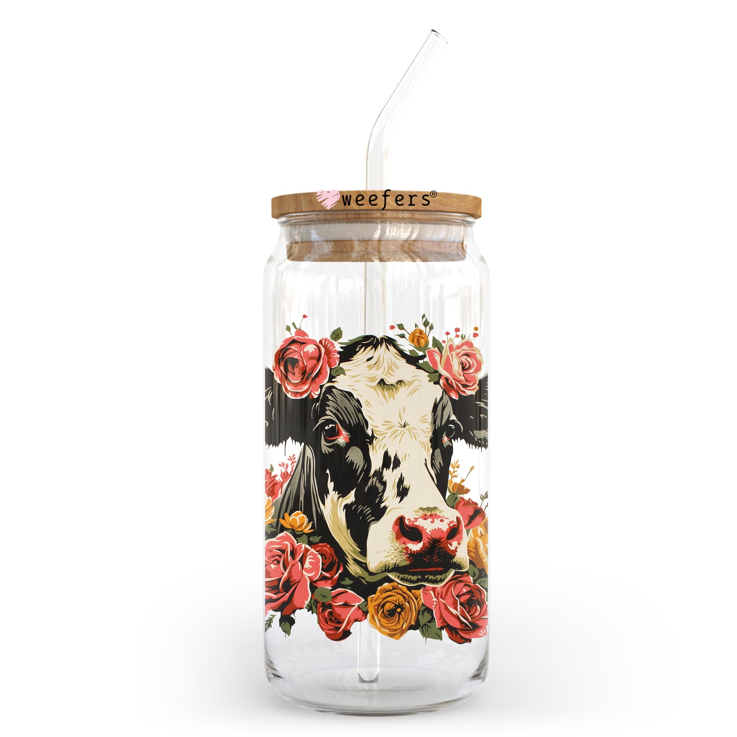 Vintage Flower Cow 20oz Libbey Glass Can UV DTF or Sublimation Wrap - Decal Transfer - Weefers