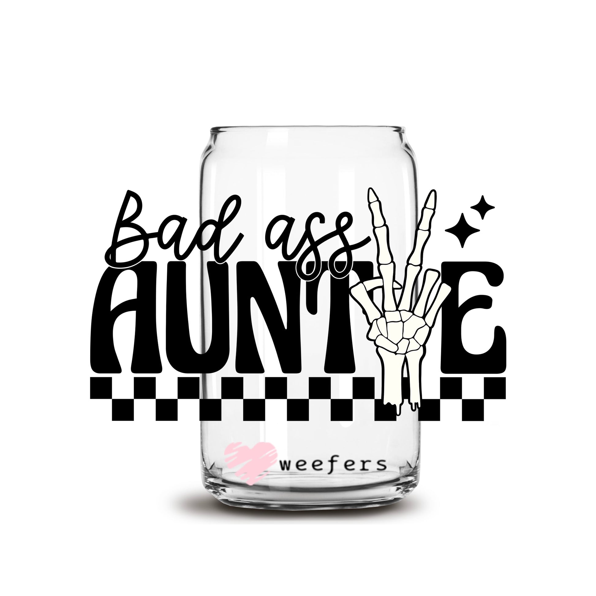 Bad Ass Auntie Checkered 16oz Libbey Glass Can UV DTF or Sublimation Wrap - Decal - Weefers