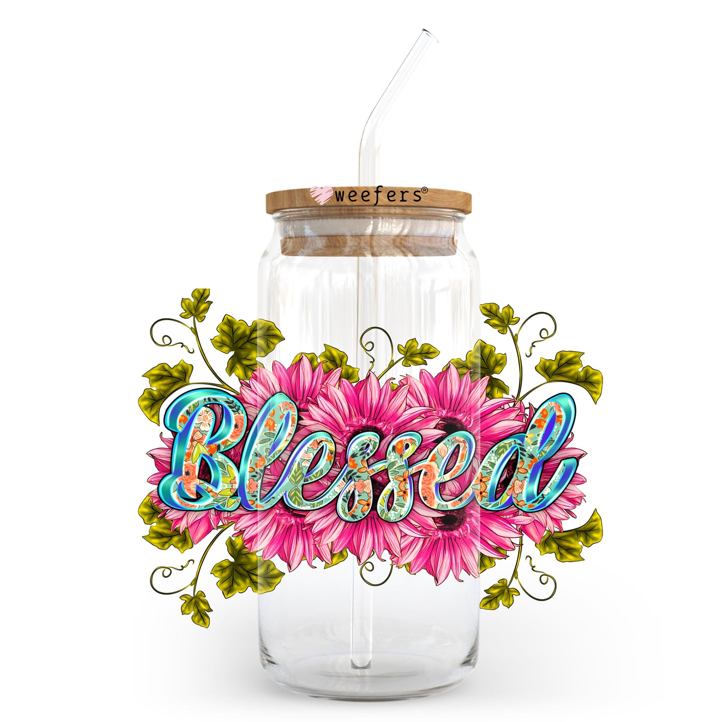 Blessed Pink Floral 20oz Libbey Glass Can UV DTF or Sublimation Wrap - Decal Transfer - Weefers