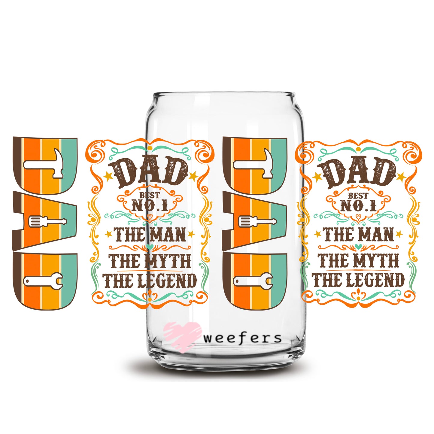 No. 1 Dad The Man The Myth the Legend 16oz Libbey Glass Can UV DTF or Sublimation Wrap Transfer - Weefers