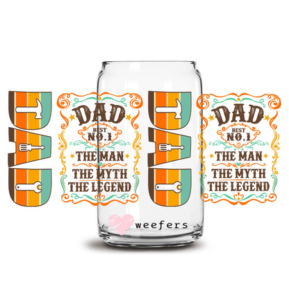 No. 1 Dad The Man The Myth the Legend 16oz Libbey Glass Can UV DTF or Sublimation Wrap Transfer - Weefers