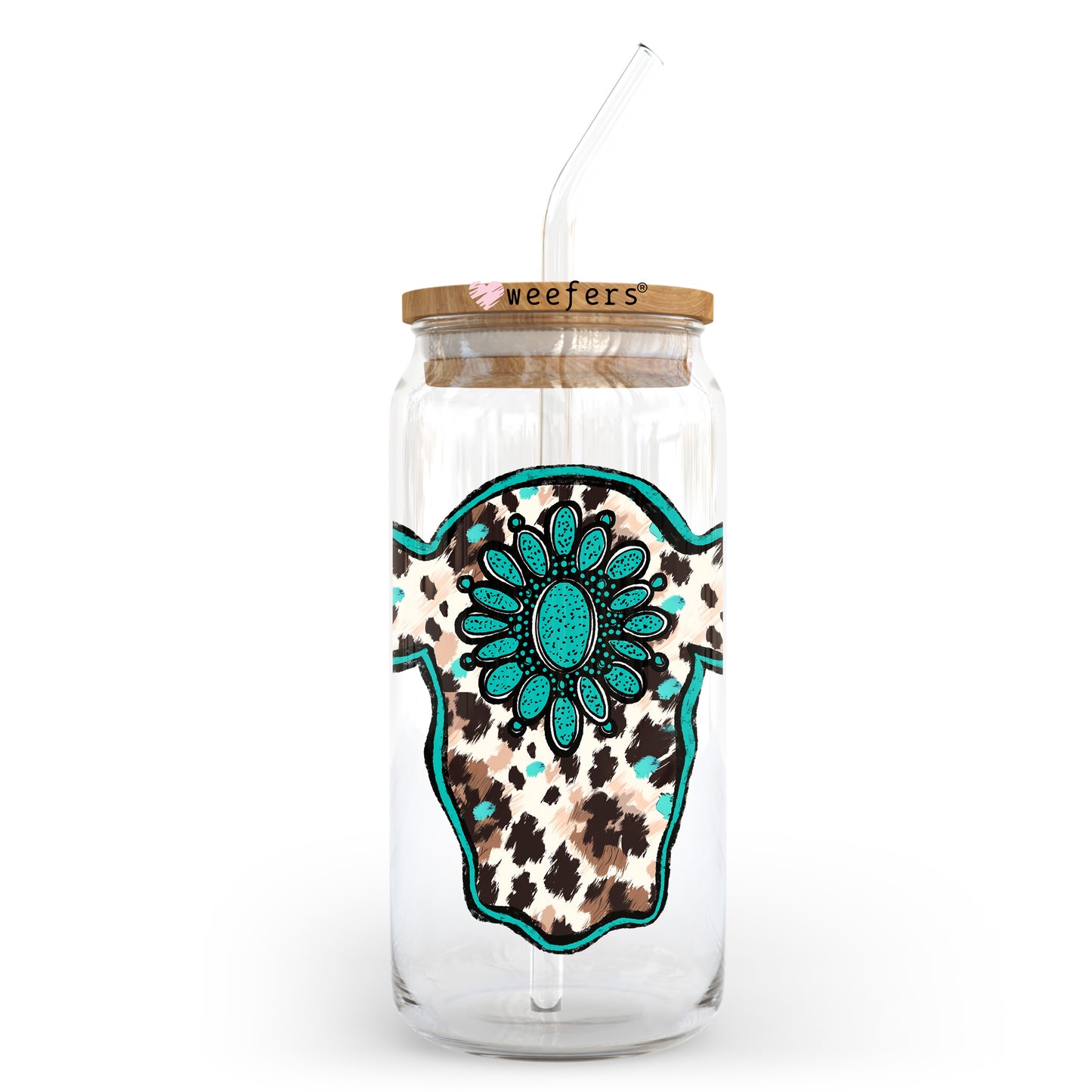 Cow Head Turquoise 20oz Libbey Glass Can, 34oz Hip Sip, 40oz Tumbler, 24oz Cold Cup UV DTF or Sublimation Decal Transfer - Weefers