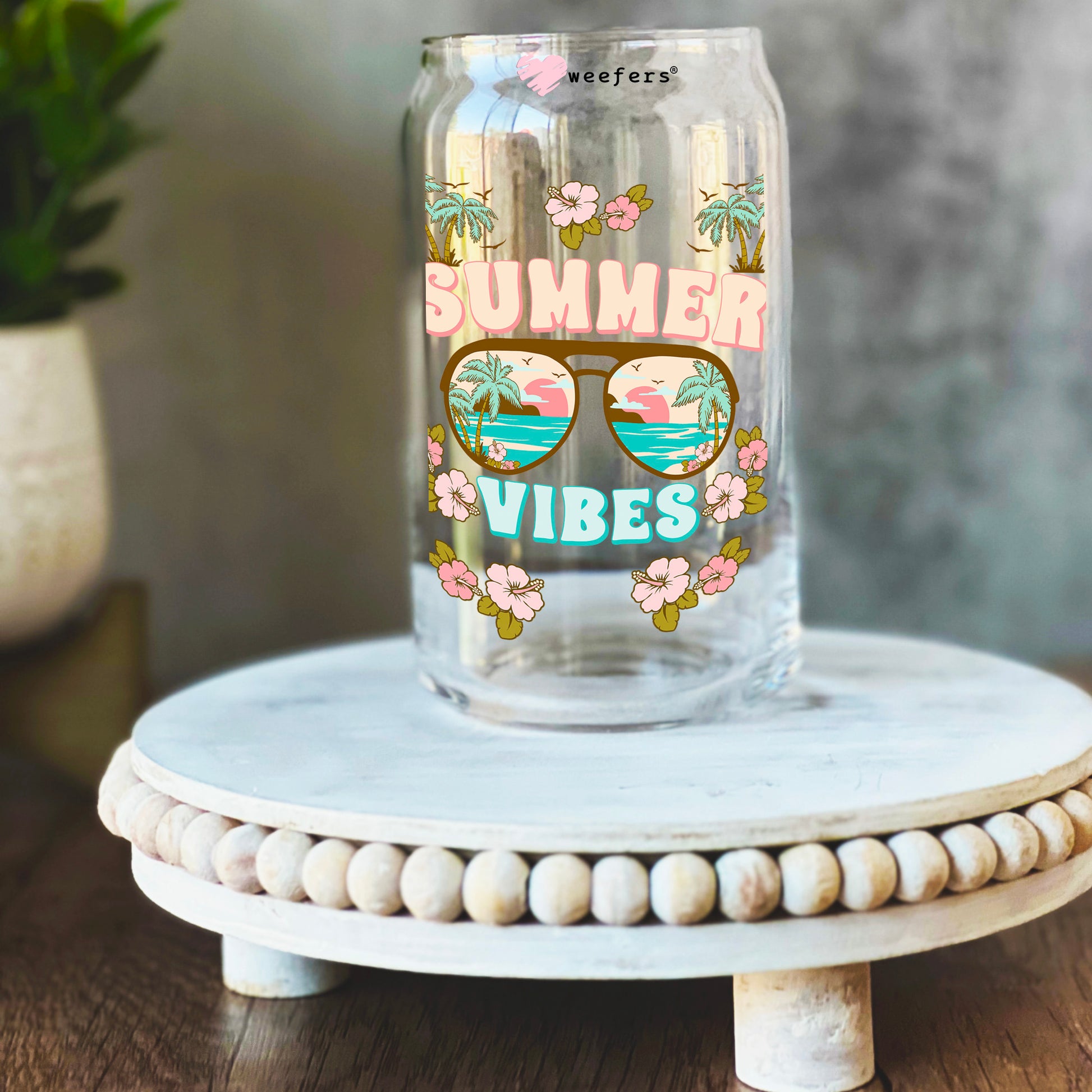 Summer Vibes Surfboards and Sunglasses 16oz Libbey Glass Can UV DTF or Sublimation Wrap Transfer - Weefers