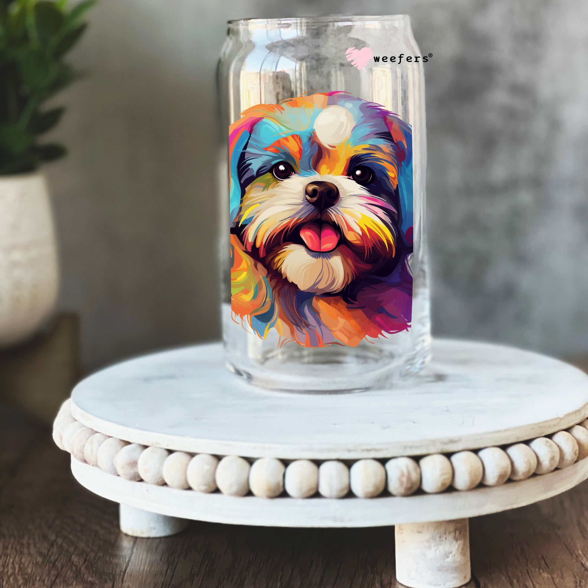 Shih Tzu Colorful Watercolor 16oz Libbey Glass Can UV DTF or Sublimation Wrap - Decal - Weefers