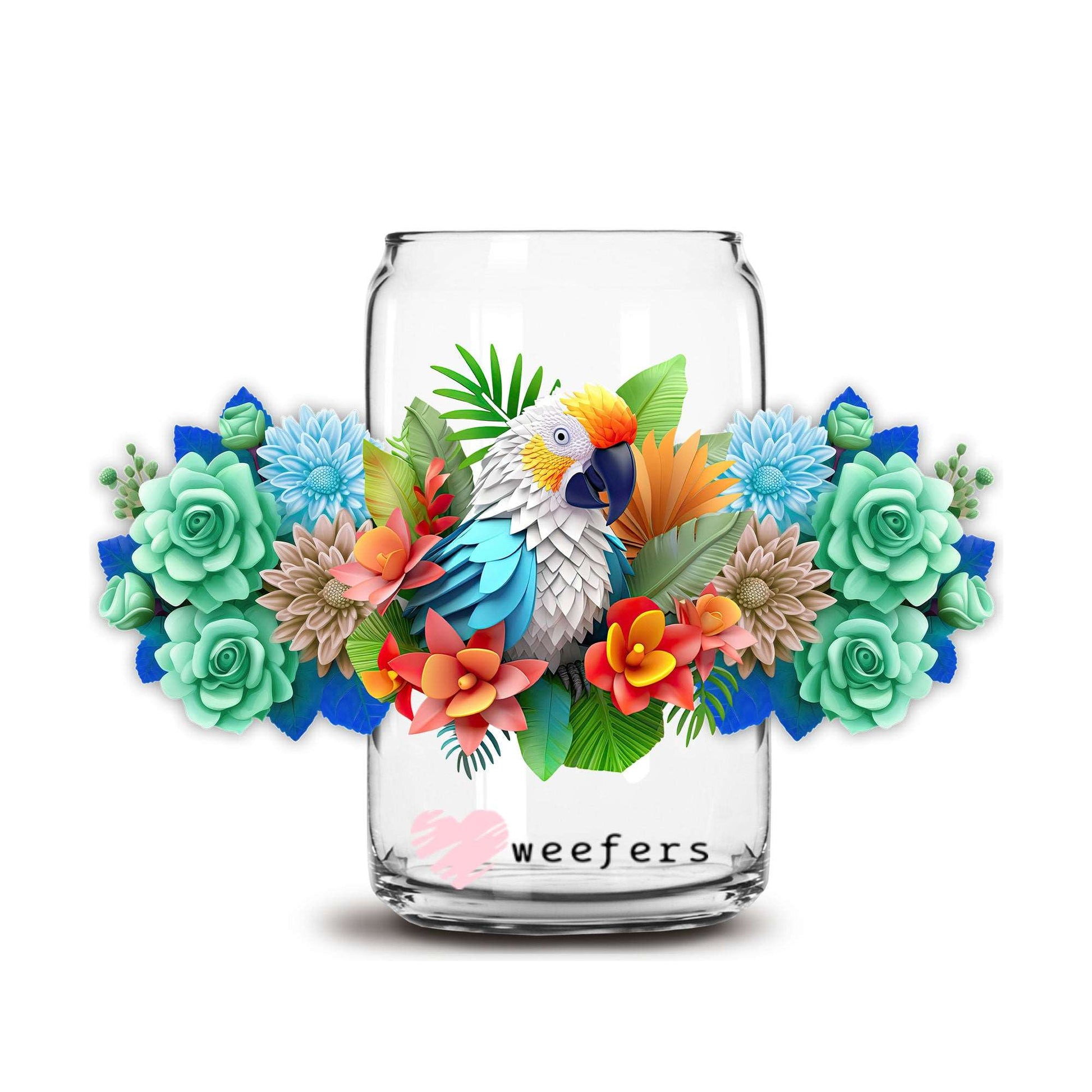 3D Parrot Floral 16oz Libbey Glass Can UV DTF or Sublimation Cup Wrap - Decal Transfer - Weefers