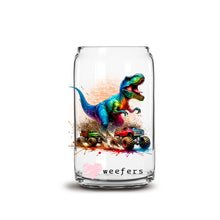 Load image into Gallery viewer, a glass jar with a picture of a dinosaur riding a truck
