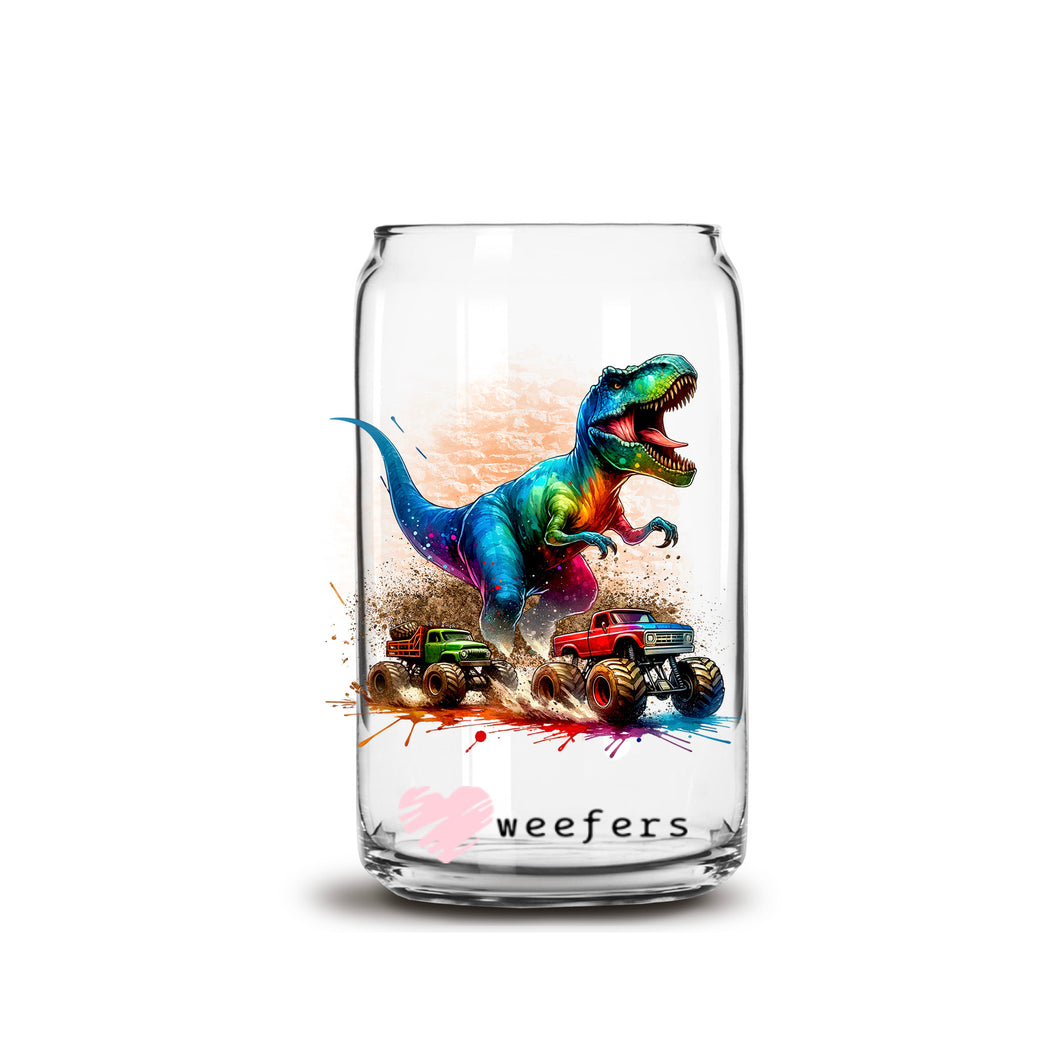 a glass jar with a picture of a dinosaur riding a truck