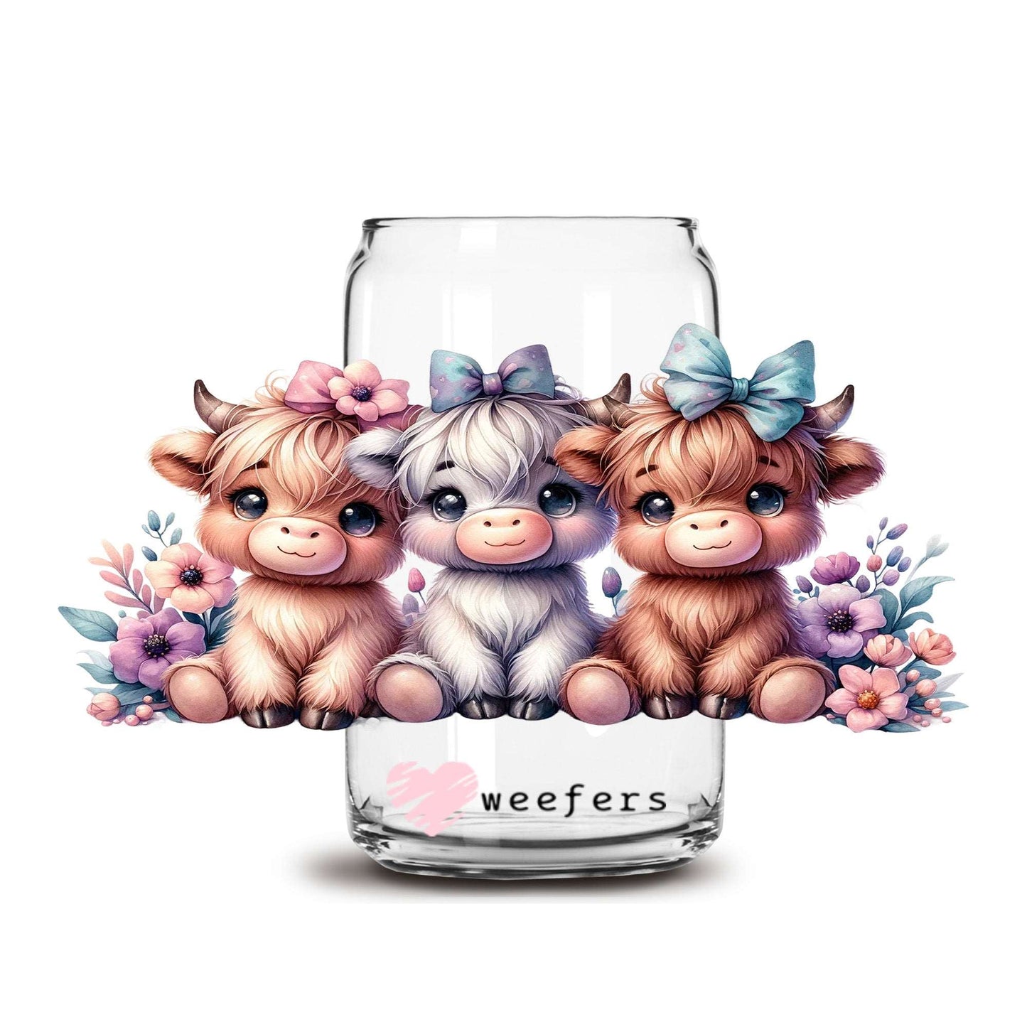 3 Cutie Highland Cow Florals 16oz Libbey Glass Can UV DTF or Sublimation Wrap Transfer - Weefers