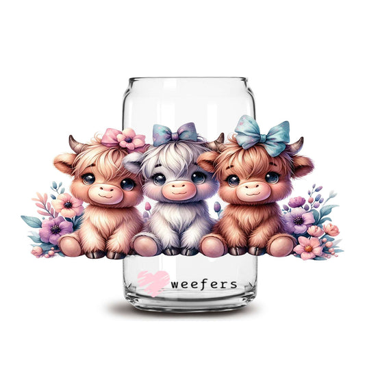 3 Cutie Highland Cow Florals 16oz Libbey Glass Can UV DTF or Sublimation Wrap Transfer - Weefers