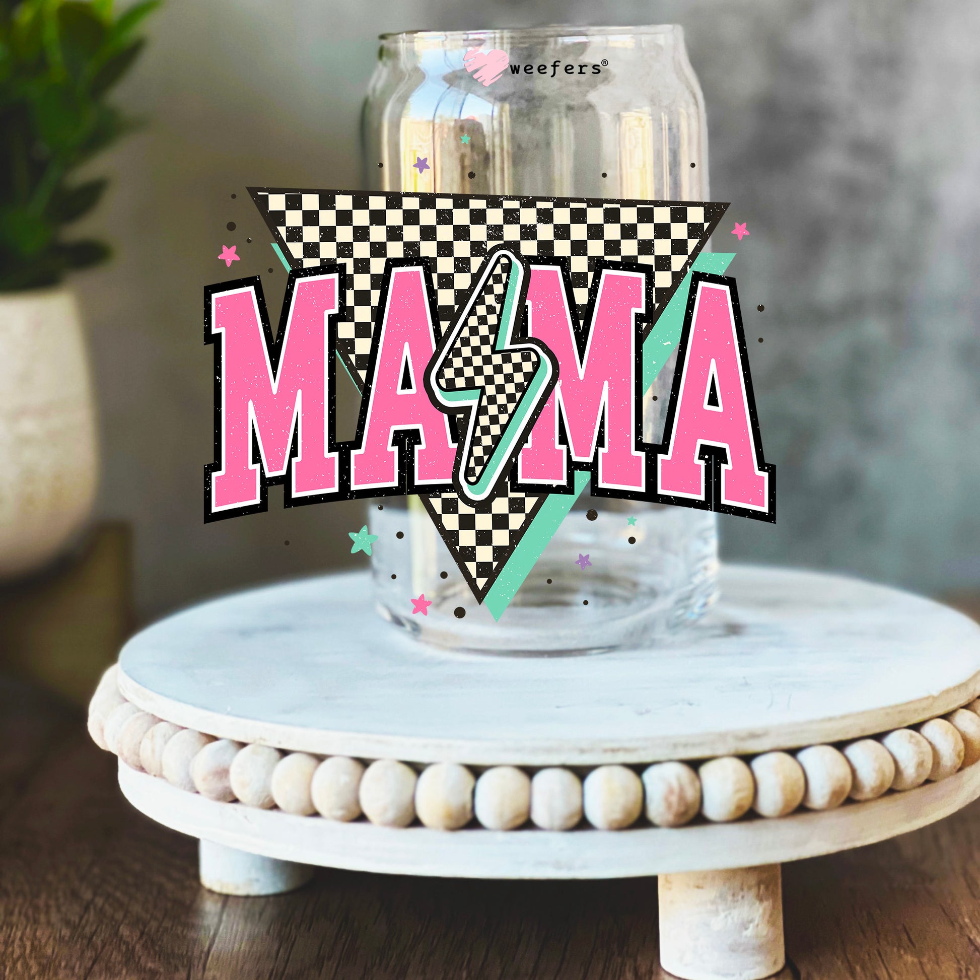 Pink Retro Checkered Mama 16oz Libbey Glass Can UV DTF or Sublimation Wrap Decal Transfer - Weefers