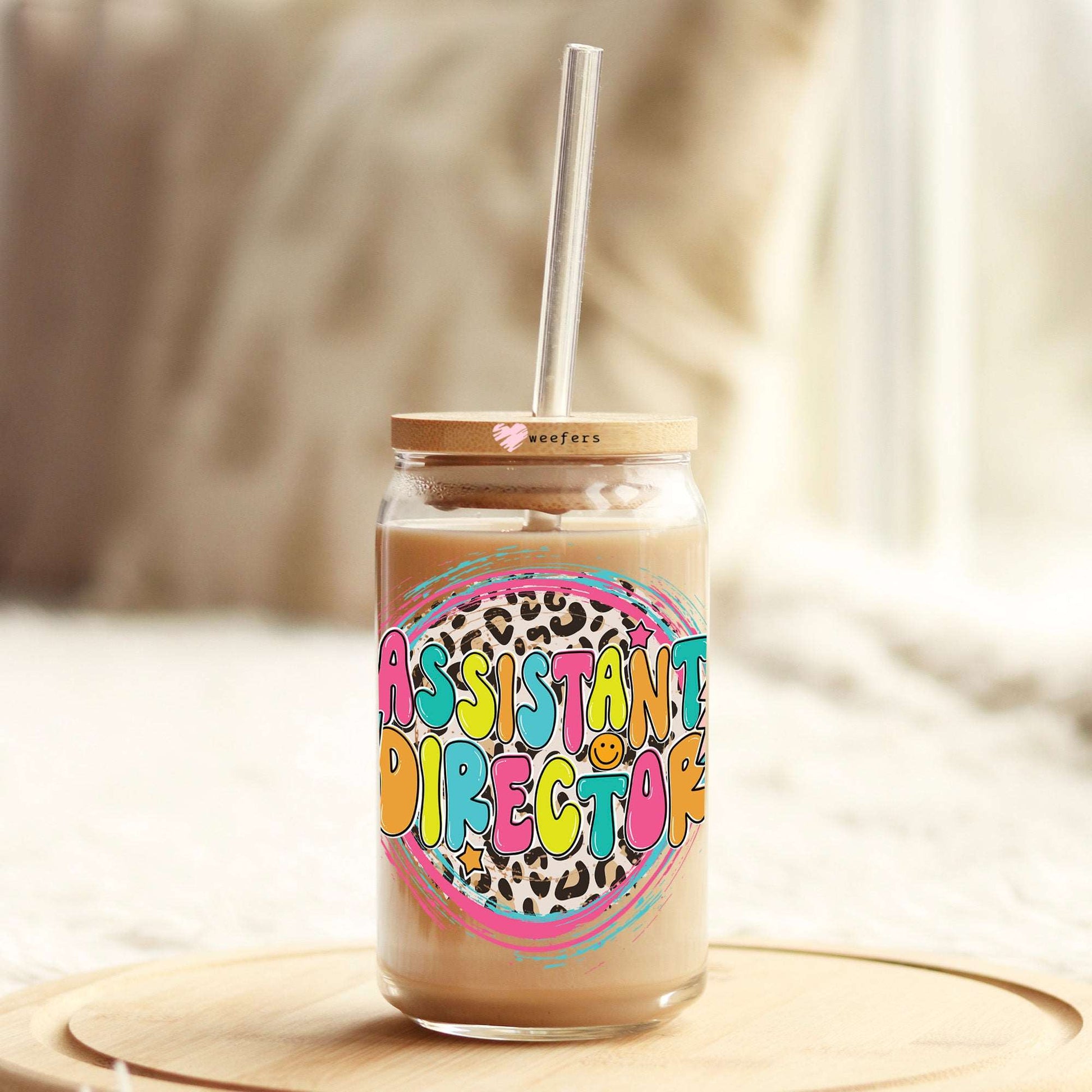 Assistant Director Pink Cheetah 16oz Libbey Glass Can UV DTF or Sublimation Cup Wrap - Decal Transfer Weefers