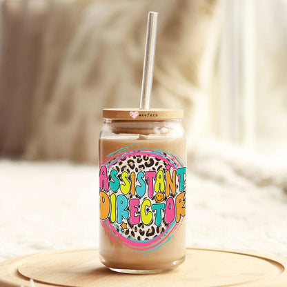 Assistant Director Pink Cheetah 16oz Libbey Glass Can UV DTF or Sublimation Cup Wrap - Decal Transfer Weefers