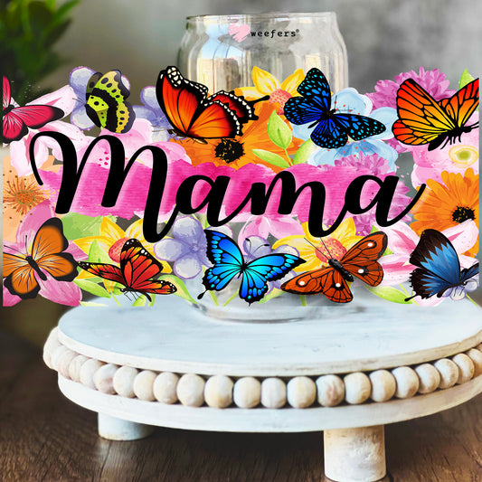 Mama Colorful Butterflies 16oz Libbey Glass Can UV DTF or Sublimation Wrap Decal Transfer - Weefers