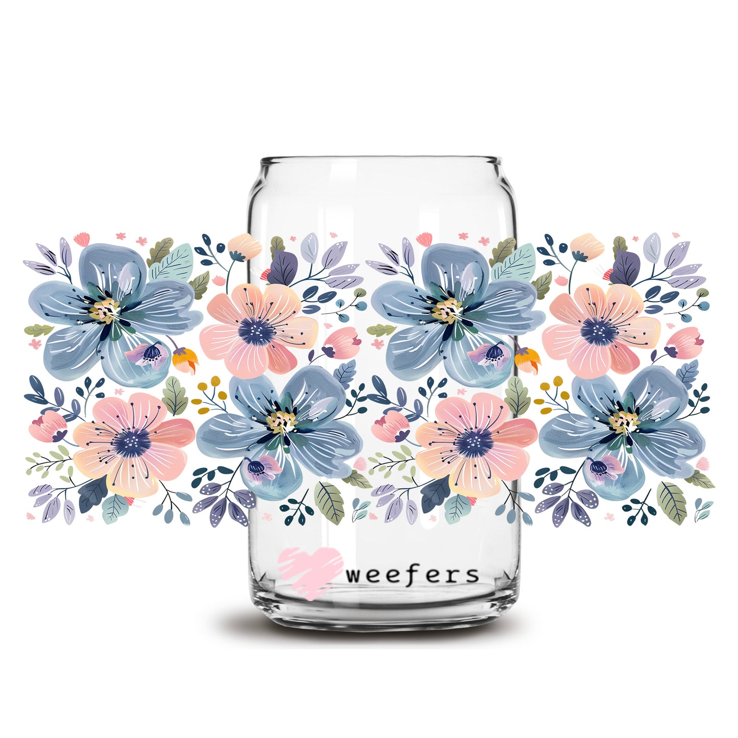 Pink and Blue Flowers 16oz Libbey Glass Can UV DTF or Sublimation Wrap Decal Transfer - Weefers