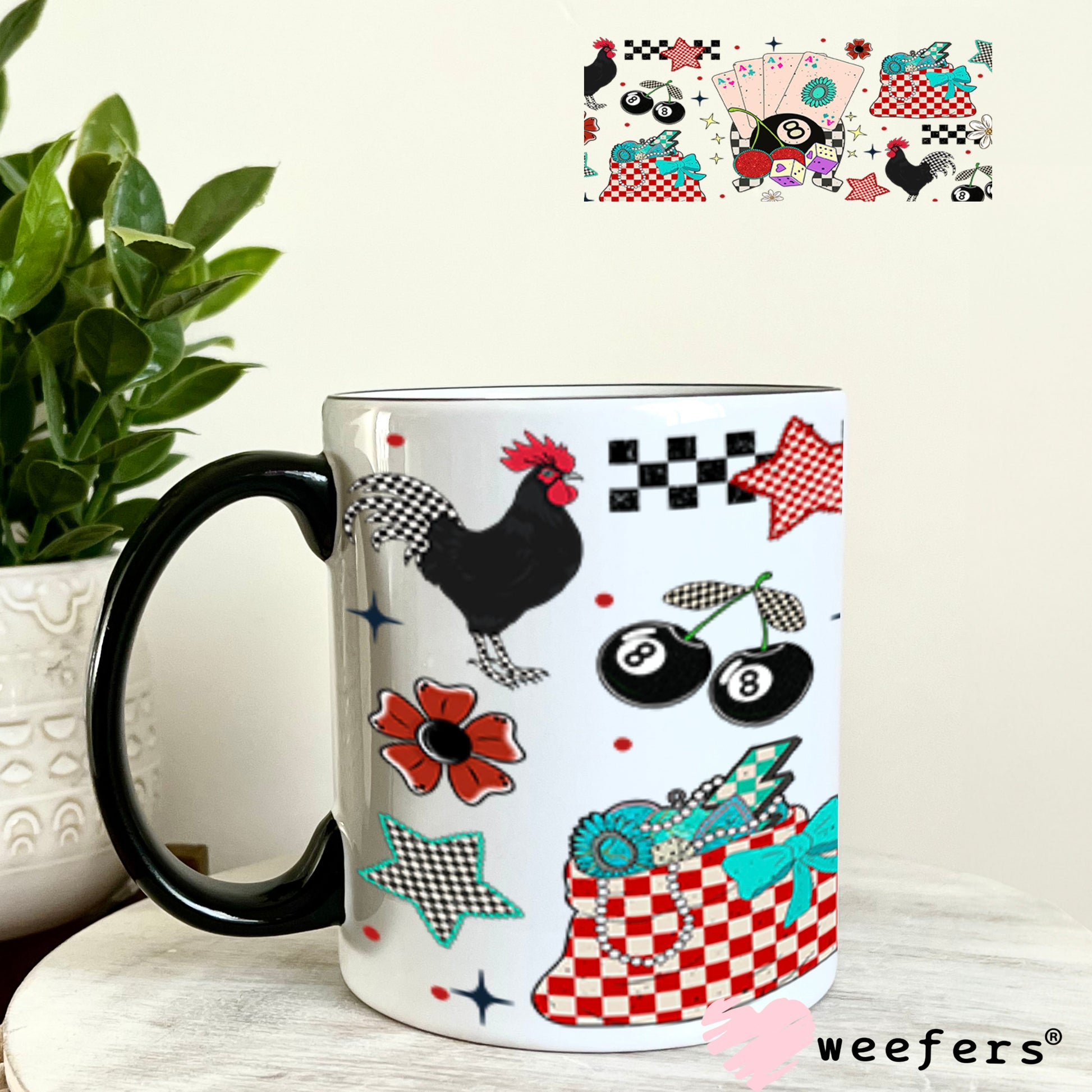 Aces Eight Balls and Roosters UV DTF Cup Wrap - Weefers Exclusive Wrap 11oz Coffee Mug Weefers