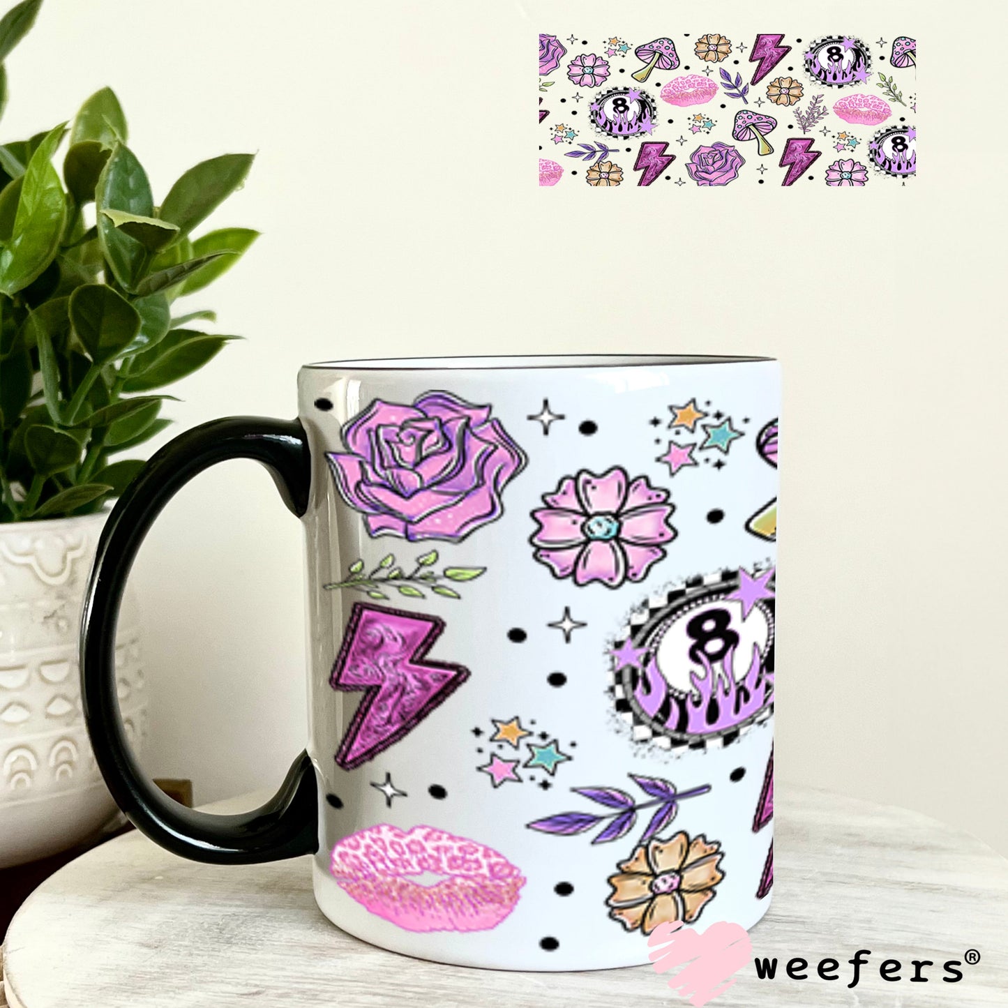 Purple Eight Ball Lightening Bolts and Roses UV DTF Cup Wrap - Weefers Exclusive Wrap 11oz Coffee Mug Weefers