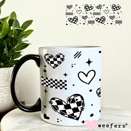 Black and White Checkered Hearts Black UV DTF Cup Wrap 11oz Coffee Mug Weefers