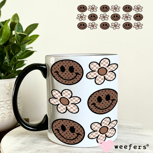 Brown Smile Faces Neutral Flowers UV DTF Cup Wrap - Weefers Exclusive Wrap 11oz Coffee Mug Weefers