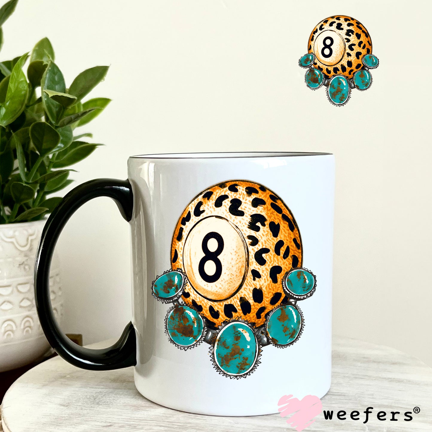 Leopard Eightball Turquoise UV DTF Decal 11oz Coffee Mug Weefers