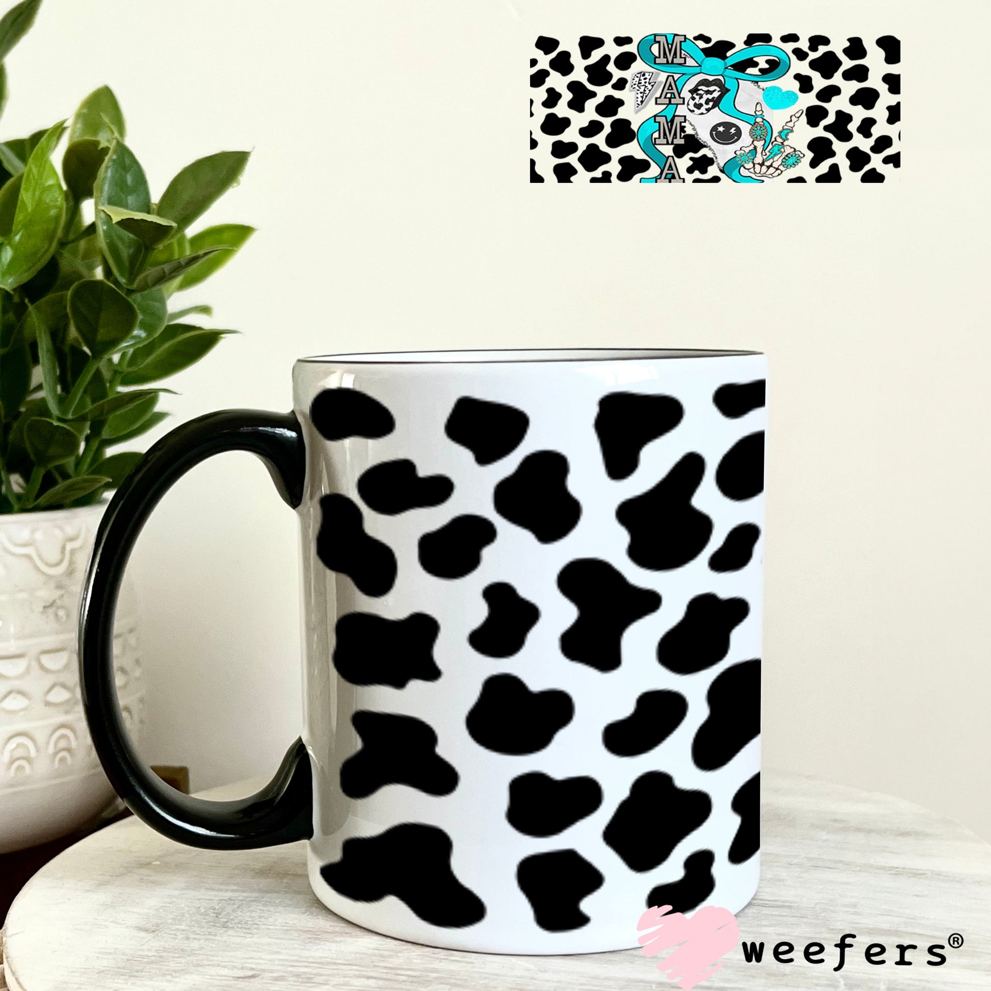 Mama Blue Bow Black Cow Print UV DTF Cup Wrap - Weefers Exclusive Wrap Weefers