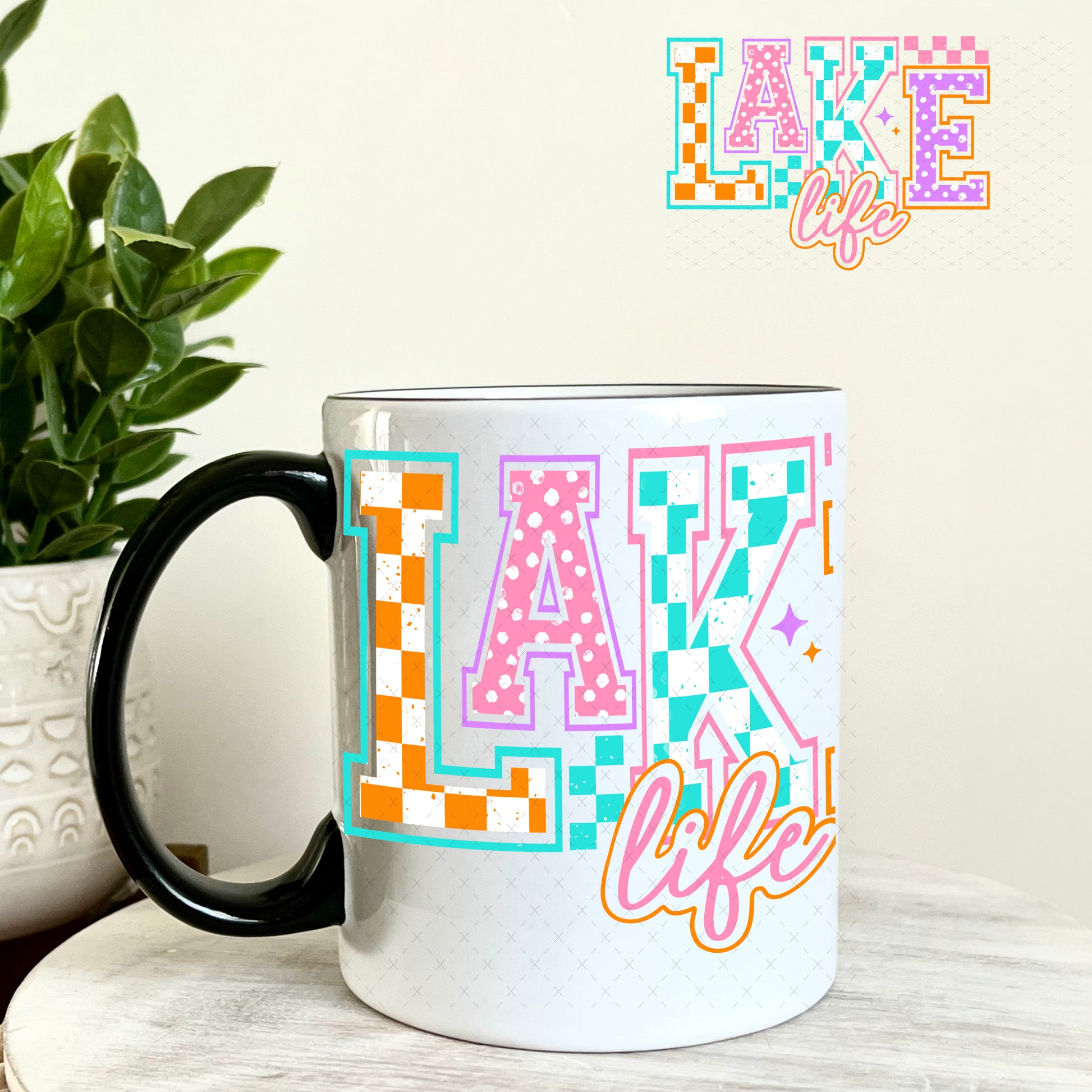 Lake Life Checkers and Polka Dots UV DTF Decal 11oz Coffee Mug Weefers