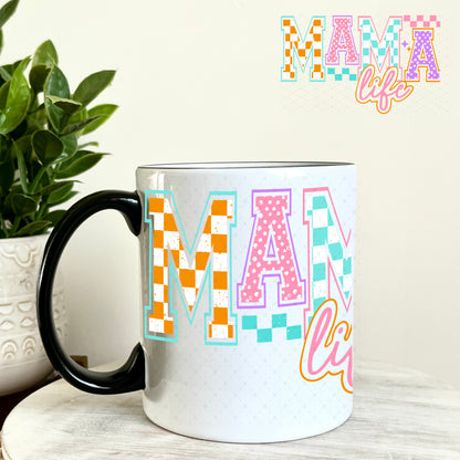 Mama Life Checkers and Polka Dots UV DTF Decal 11oz Coffee Mug Weefers