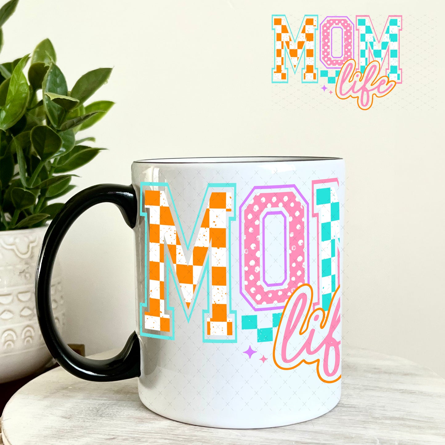 Mom Life Checkers and Polka Dots UV DTF Decal 11oz Coffee Mug Weefers