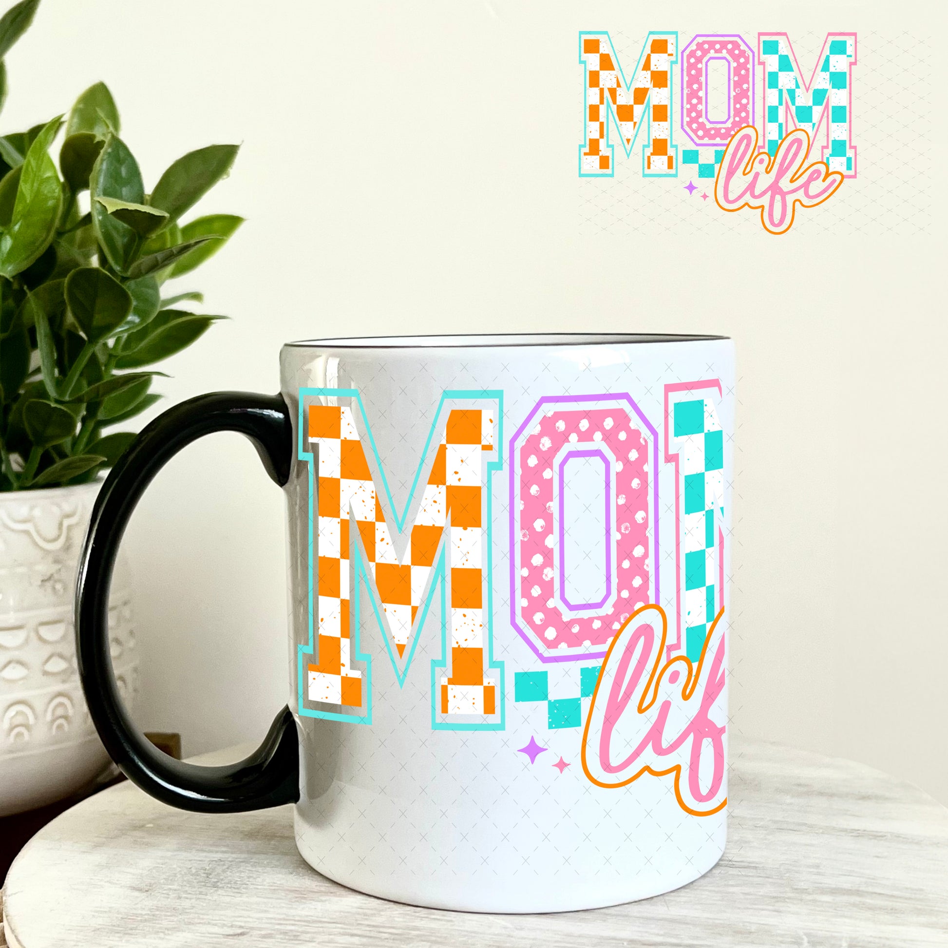 Mom Life Checkers and Polka Dots UV DTF Decal 11oz Coffee Mug Weefers