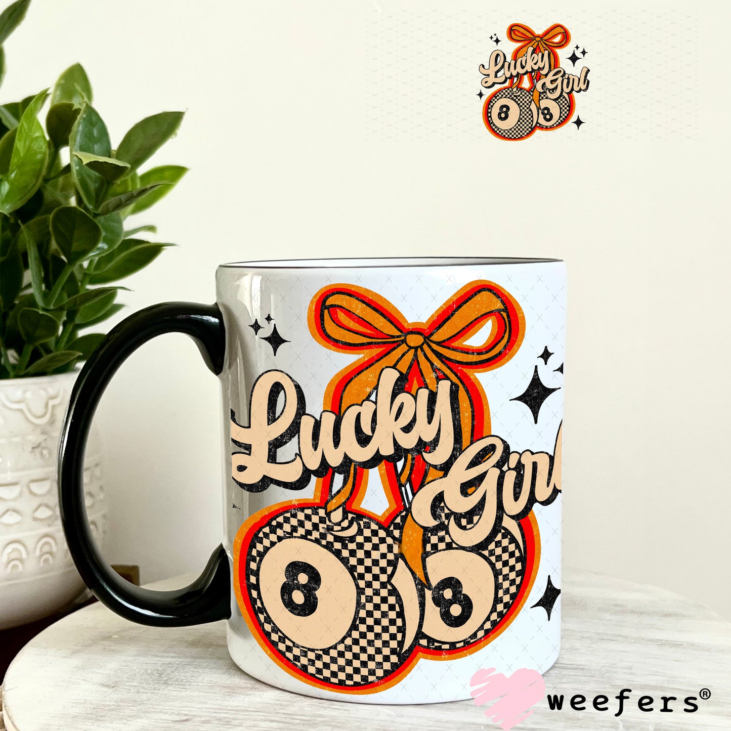 Lucky Girl EightBall Cherries Orange Tan UV DTF Decal 11oz Coffee Mug Weefers