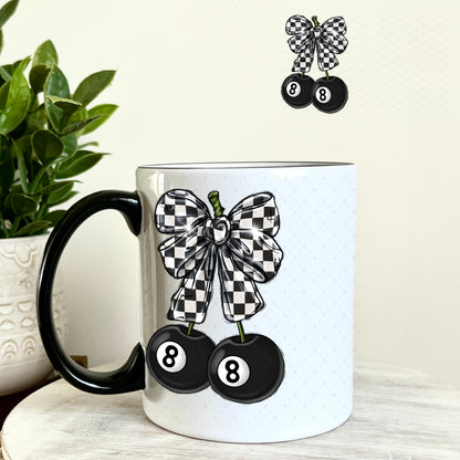 Black and White Checkered Bow Eightball UV DTF Decal 11oz Coffee Mug Weefers