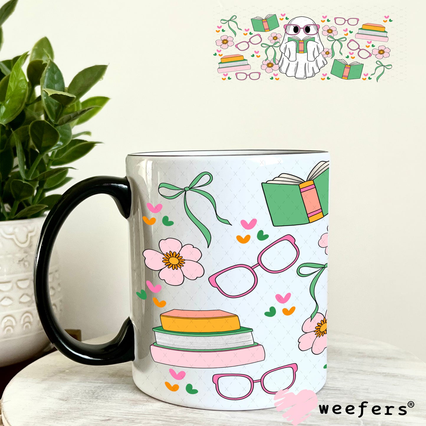 Ghost Green Book Lover UV DTF Cup Wrap 11oz Coffee Mug Weefers