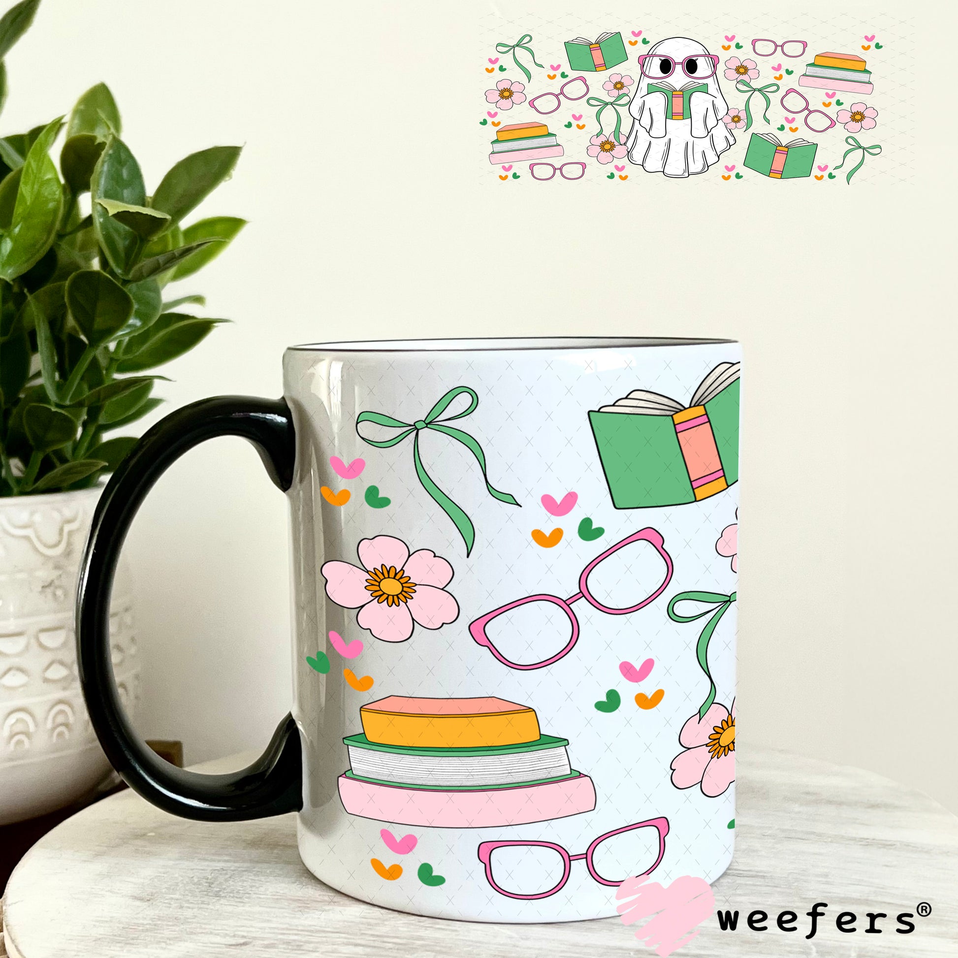 Ghost Green Book Lover UV DTF Cup Wrap 11oz Coffee Mug Weefers
