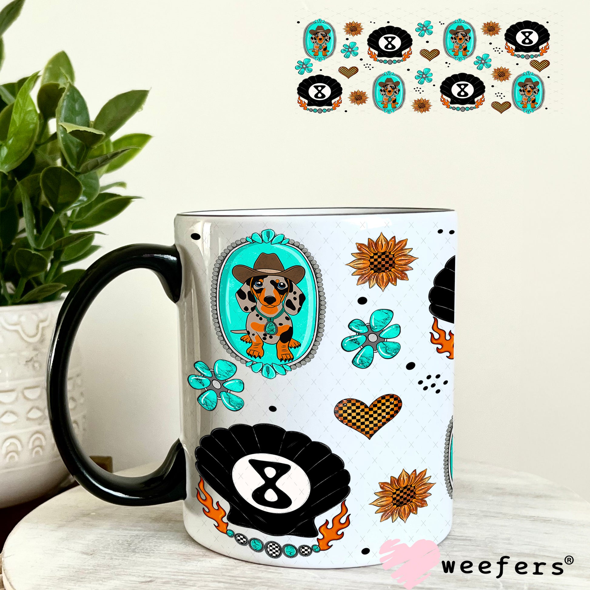 Western Dachshund and Shell Eight Balls UV DTF Cup Wrap - Weefers Exclusive Wrap 11oz Coffee Mug Weefers