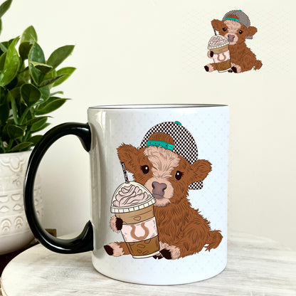 Baby Highlander Cow Coffee Checkered Black Cap UV DTF Decal 11oz Coffee Mug Weefers