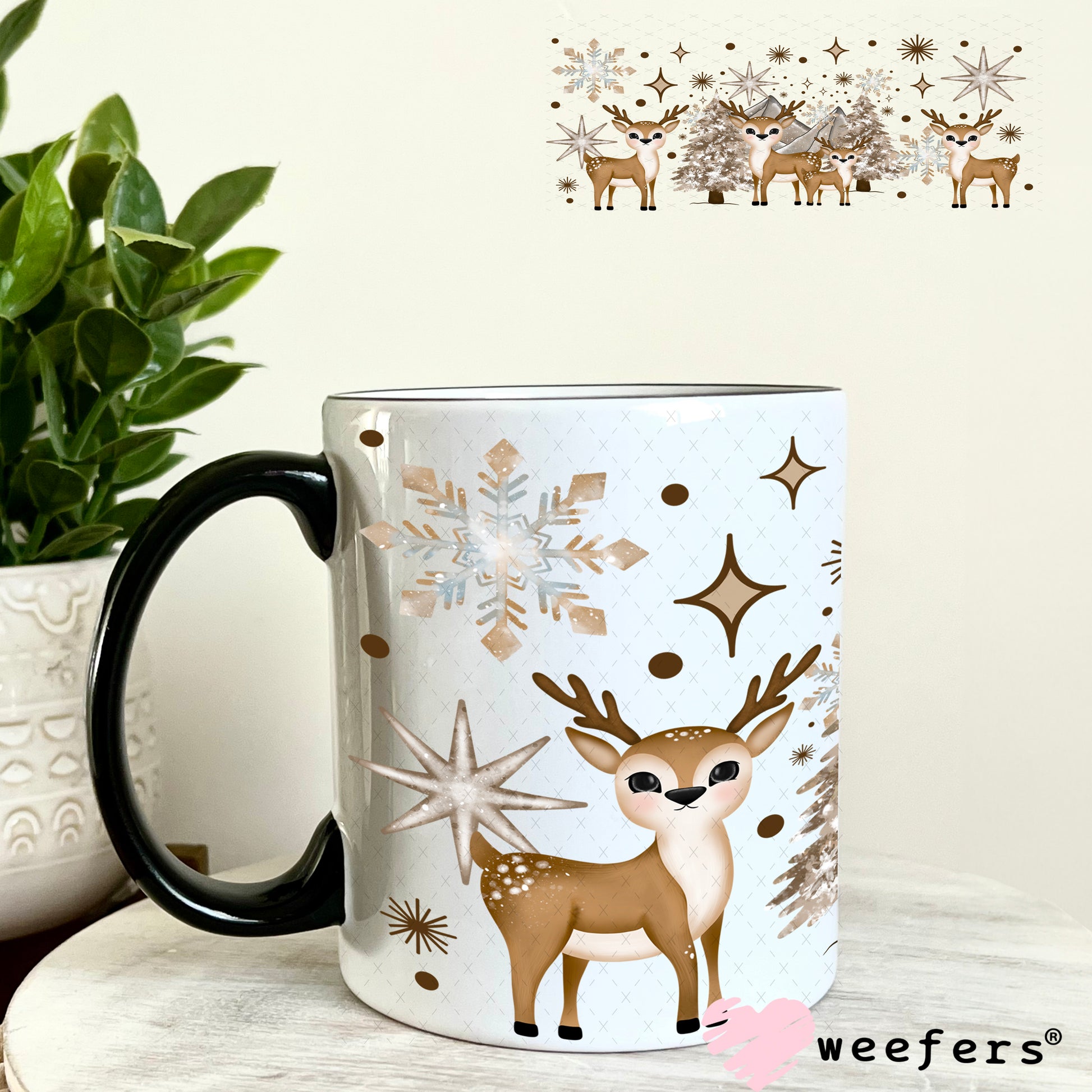 Brown Reindeer Christmas UV DTF Cup Wrap 11oz Coffee Mug Weefers