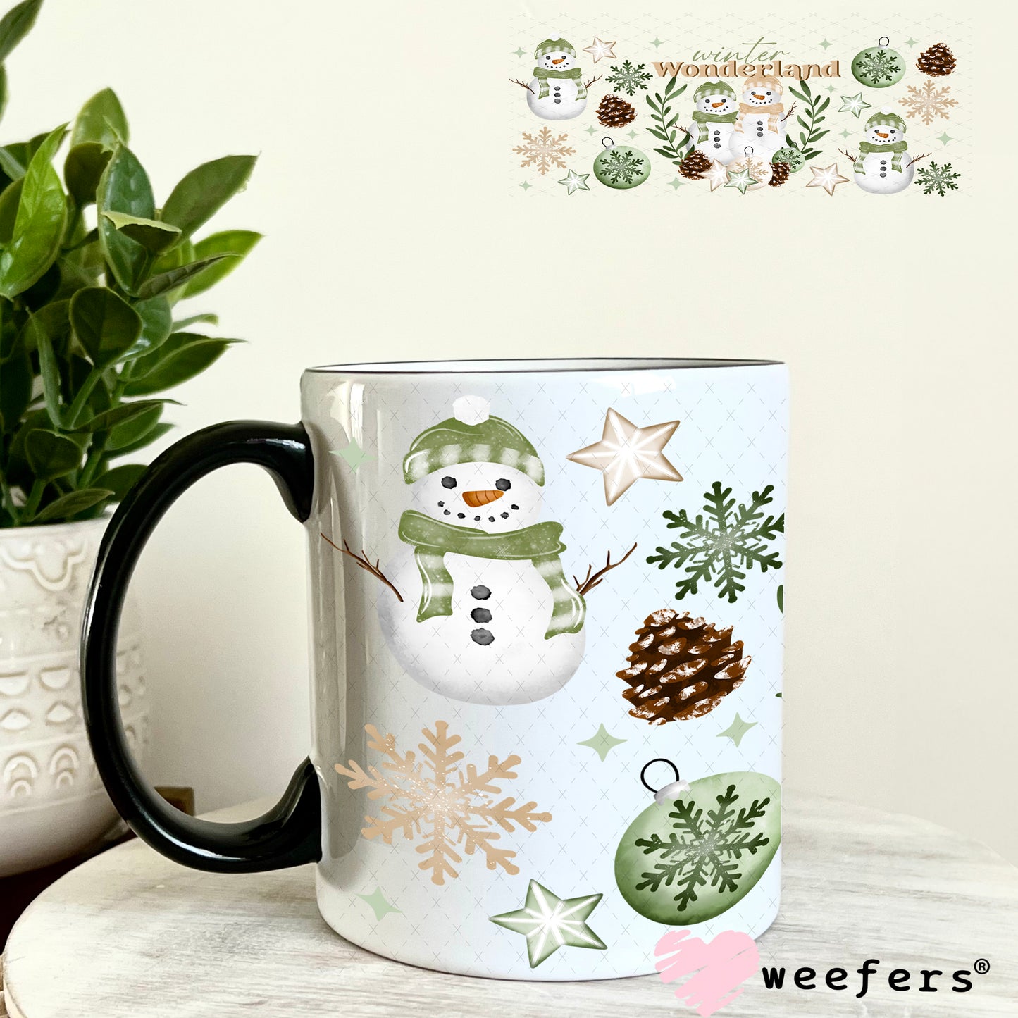 Wonderland Green Snowmen Christmas UV DTF Cup Wrap 11oz Coffee Mug Weefers
