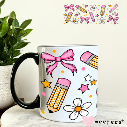 School Days Pencil and Pink Crayons UV DTF Cup 11oz Coffee Mug Weefers